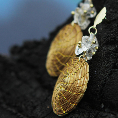 Gold accent golden grass and quartz dangle earrings, 'Golden Spirals' - Gold Accent Golden Grass and Quartz Dangle Earrings