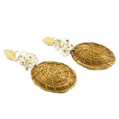 Gold accent golden grass and quartz dangle earrings, 'Golden Spirals' - Gold Accent Golden Grass and Quartz Dangle Earrings
