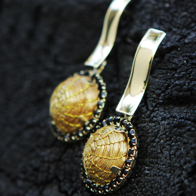 Gold plated golden grass dangle earrings, 'Golden Nights' - Handcrafted Golden Grass and 18k Gold Plated Earrings