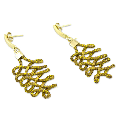 Gold plated golden grass dangle earrings, 'Grassy Paths' - Gold Plated Golden Grass Handmade Earrings from Brazil
