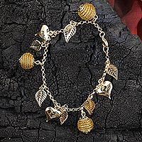 Gold plated golden grass heart charm bracelet, 'Natural Friend' - Heart Leaf Beehive Charms on Gold Plated Brazilian Bracelet