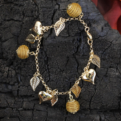 Gold plated golden grass heart charm bracelet, 'Natural Friend' - Heart Leaf Beehive Charms on Gold Plated Brazilian Bracelet