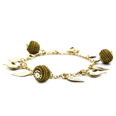 Gold plated golden grass heart charm bracelet, 'Natural Friend' - Heart Leaf Beehive Charms on Gold Plated Brazilian Bracelet