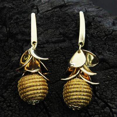 Gold plated golden grass dangle earrings, 'Acorn Leaves' - Hand Crafted Natural Golden Grass 18k Gold Plated Earrings