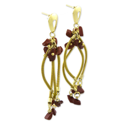 Gold plated golden grass and jasper chandelier earrings, 'Natural Chimes' - Artisan Crafted Golden Grass and Jasper Chandelier Earrings