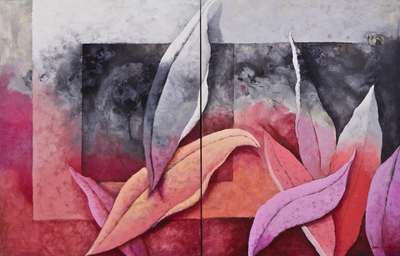 'Fascination' (diptych, 2015) - Set of 2 Original Paintings of Rosy Foliage from Brazil