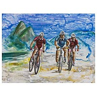 'Cyclists in Leblon' - Signed Oil Impressionist Painting of Cyclists from Brazil