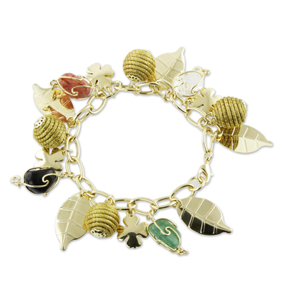 Gold plated agate and golden grass charm bracelet, 'Clover Leaves' - Gold Plated Brazilian Agate and Golden Grass Charm Bracelet