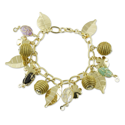 Gold plated amethyst and golden grass charm bracelet, 'Clover Leaves' - Gold Plated  Amethyst and Golden Grass Clover Charm Bracelet