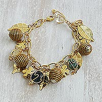 Gold plated citrine and agate charm bracelet, 'Clover Leaves'