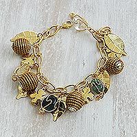 Pulsera con dijes de ágata y citrino bañada en oro, 'Hojas de trébol' - Pulsera con dijes de ágata y citrino bañada en oro de Brasil