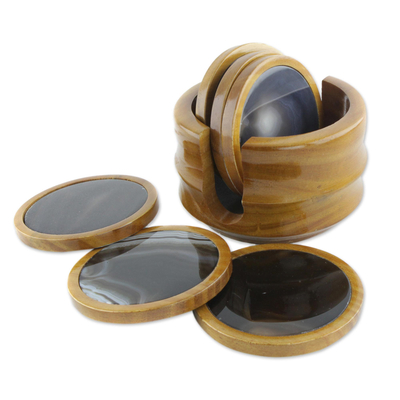 Set of 6 Brown Agate and Cedar Wood Coasters with Stand