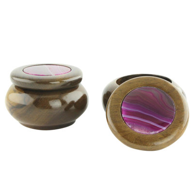 Dekorative Schachteln aus Achat und Holz, 'Lilac Vibes' (Paar) - Zwei brasilianische Dekorschachteln aus Zedernholz und violettem Achat