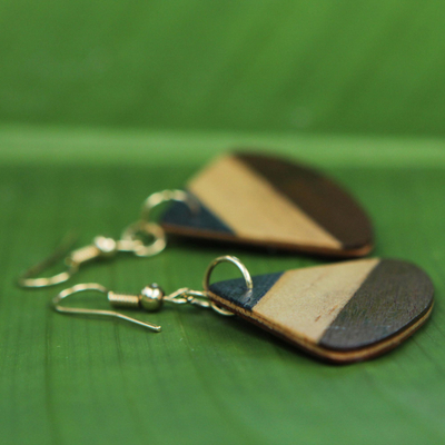 Wood dangle earrings, 'Forest Fan' - Handcrafted Wood Fan Shaped Dangle Earrings from Brazil