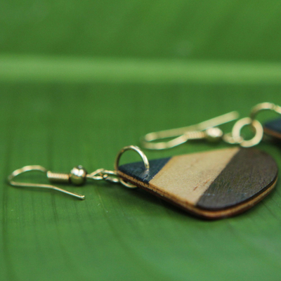 Wood dangle earrings, 'Forest Fan' - Handcrafted Wood Fan Shaped Dangle Earrings from Brazil