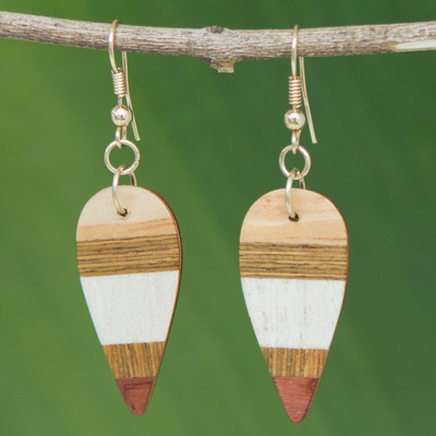 Wood dangle earrings, 'Woodland Leaves' - Striped Wood Dangle Earrings from Brazil