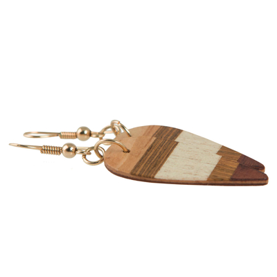 Wood dangle earrings, 'Woodland Leaves' - Striped Wood Dangle Earrings from Brazil
