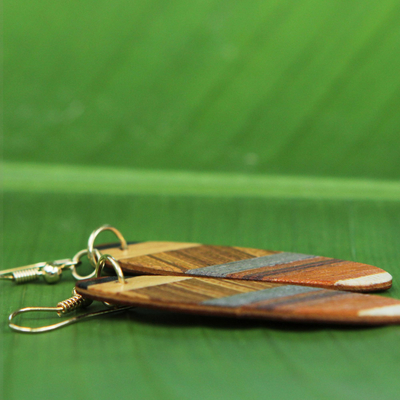 Pendientes colgantes de madera, 'Forest Excitement' - Pendientes colgantes de forma ovalada de madera marrón de Brasil