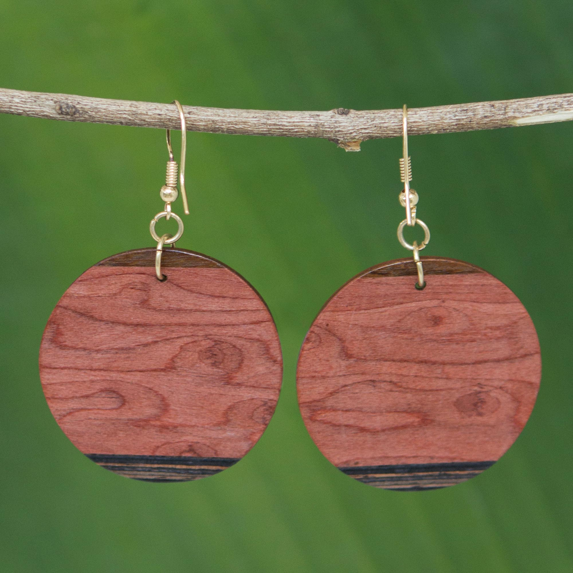 Mahogany and Imbuia Wood Round Dangle Earrings from Brazil