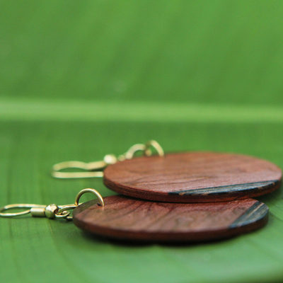 Mahogany earrings, 'Circle of Nature' - Mahogany and Imbuia Wood Round Dangle Earrings from Brazil