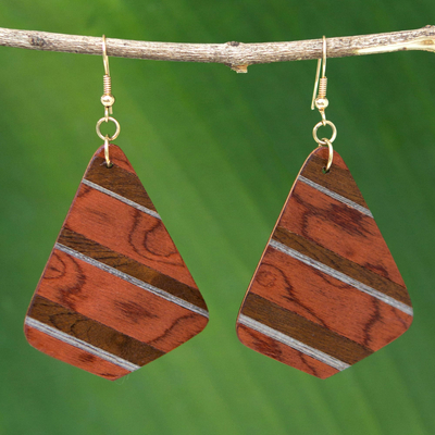 Wood dangle earrings, 'Woodland Stripes' - Handcrafted Wood Striped Dangle Earrings form Brazil