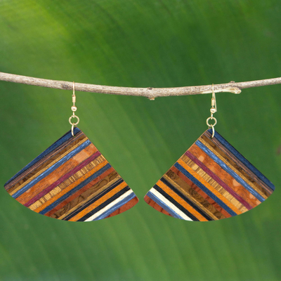 Pendientes colgantes de madera, 'Striped Fans' - Pendientes colgantes de madera en forma de abanico hechos a mano de Brasil