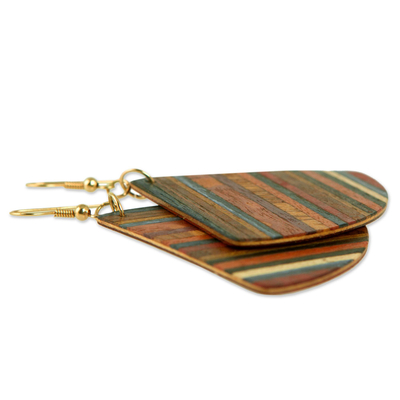 Wood dangle earrings, 'Striped Fans' - Handcrafted Fan-Shaped Wood Dangle Earrings from Brazil