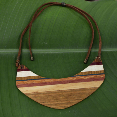 Wood pendant necklace, 'Striped Boomerang' - Boomerang Shaped Wood Pendant Necklace from Brazil