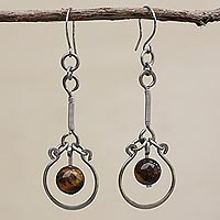 Tiger's eye dangle earrings, 'Balanced Nature' - Tiger's Eye and Stainless Steel Dangle Earrings from Brazil