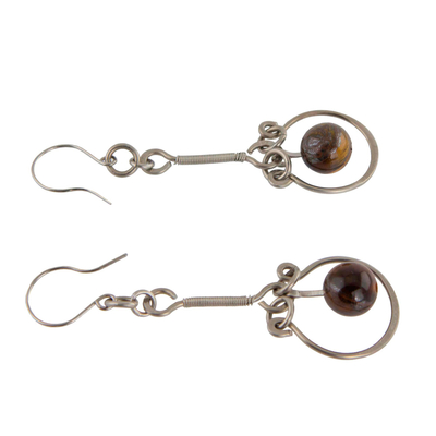 Tiger's eye dangle earrings, 'Balanced Nature' - Tiger's Eye and Stainless Steel Dangle Earrings from Brazil