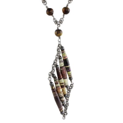 Tiger's eye and recycled paper pendant necklace, 'Eco Parallels' - Recycled Paper Tiger's Eye and Hematite Necklace from Brazil