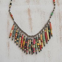 Hematite and recycled paper waterfall necklace, 'Eco Rainbow' - Recycled Paper and Hematite Multi Color Waterfall Necklace