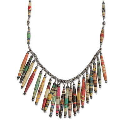 Hematite and recycled paper waterfall necklace, 'Eco Rainbow' - Recycled Paper and Hematite Multi Color Waterfall Necklace