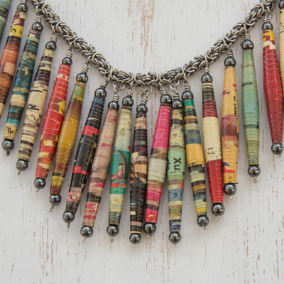Hematite and recycled paper waterfall necklace, 'Eco Rainbow' - Recycled Paper and Hematite Multi Color Waterfall Necklace