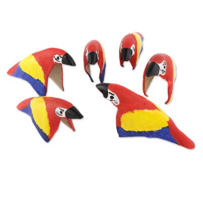 Leather ornaments, 'Colorful Parrots' (set of 6) - Set of Six Leather Parrot Ornaments from Brazil