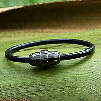 Leather wristband bracelet, 'Sleek Ring'