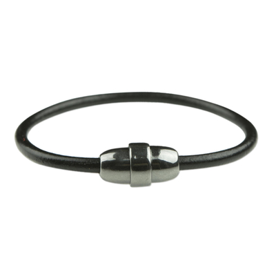 Leather wristband bracelet, 'Sleek Ring' - Leather and Steel Wristband Bracelet from Brazil