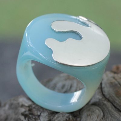 Agate signet ring, 'Eternal Promise in Blue' - Blue Agate and Sterling Silver Signet Ring from Brazil