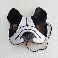 Leather mask, 'Bulldog' - Handcrafted Black and White Bulldog Mask from Brazil