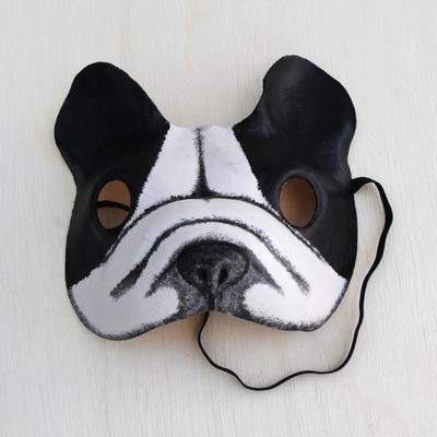 Máscara de cuero, 'Bulldog' - Máscara de bulldog blanca y negra hecha a mano en Brasil