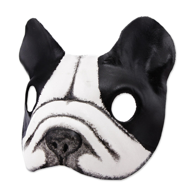 Ledermaske, 'Bulldogge - Handgefertigte schwarz-weiße Bulldoggengesichtsmaske aus Brasilien