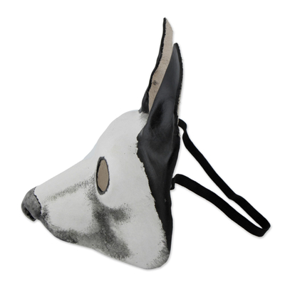 Leather mask, 'Alert Dog' - Handcrafted Black and White Dog Mask from Brazil