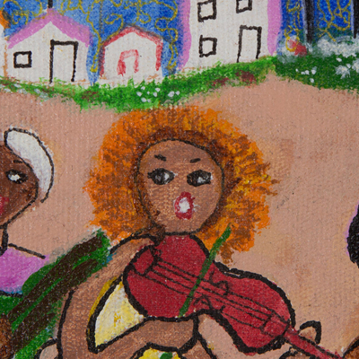 'Jandaia Serenade' - Signed Naif Painting of Musicians from Brazil
