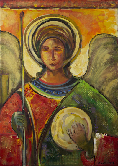 'Byzantine Archangel II' - Expressionist Painting of an Archangel from Brazil