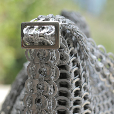 Recycled soda pop-top sling bag, 'Chainmail Strength' - Silver Recycled Soda Pop Top Sling Bag from Brazil