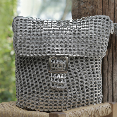 Recycled soda pop-top sling bag, 'Chainmail Beauty' - Silver Recycled Soda Pop Top Sling Bag from Brazil