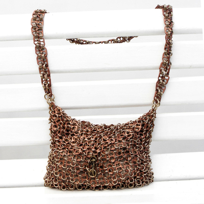 Soda pop-top sling, 'Shimmery Bronze' - Bronze-Tone Recycled Soda Pop-Top Handbag from Brazil