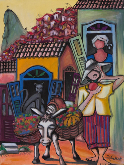 'Fruit Vendor' - Pintura expresionista firmada de una escena callejera brasileña
