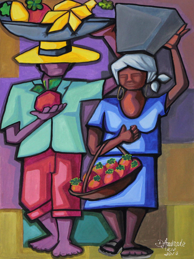 'Working Couple' - Cubist Style Painting of a Man and Woman in Jewel Colors