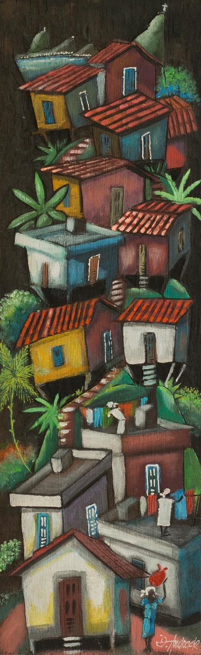 'Corcovado Favela' - Nighttime Favela Scene Painted on Cedar Wood and Signed